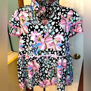 Iris Print Blouse with Ruffle Sleeves